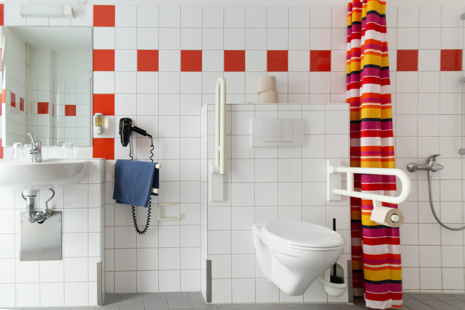 Barrierearmes Badezimmer im Zweibettzimmer mit Haltegriffen